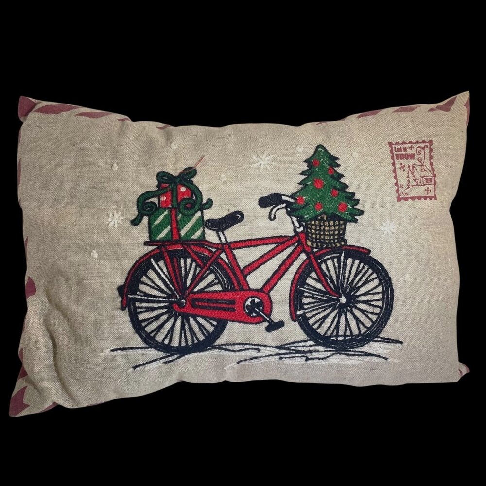 Vintage Holiday Throw Pillow Featuring Embroidered Red Bicycle Christmas Tree &